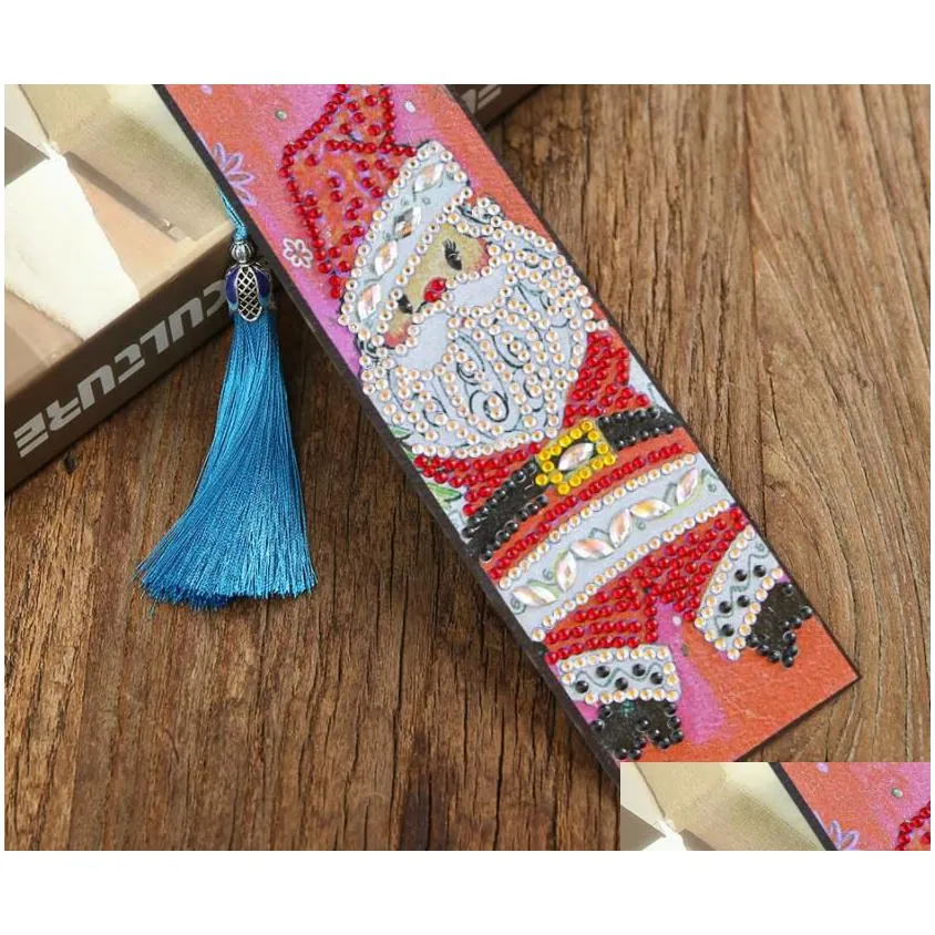 diamond painting diy bookmark party favor 5d crystal art crafts bookmarks with tassel tool rhinestone christmas pattern bell xmas tree snowman leather