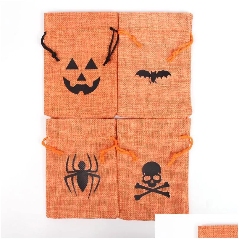 50pcs/pack halloween gift wrap bat pumpkin skull linen burlap candy drawstrings bag pocket treat snacks storage bags cookie pouch kids trick or treating decor