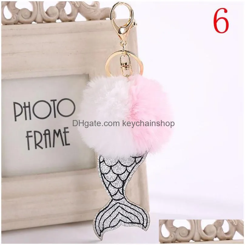 fashion mermaid pompom keychain faux rabbit fur sea-maid key buckle women car handbag key ring lucky xmas gifts