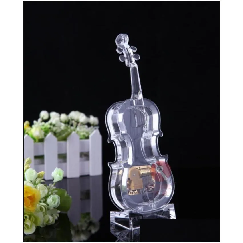 mechanical wind-up violin music box transparent acrylic party favor mini figurines home ornament decoration christmas birthday gift castle in the