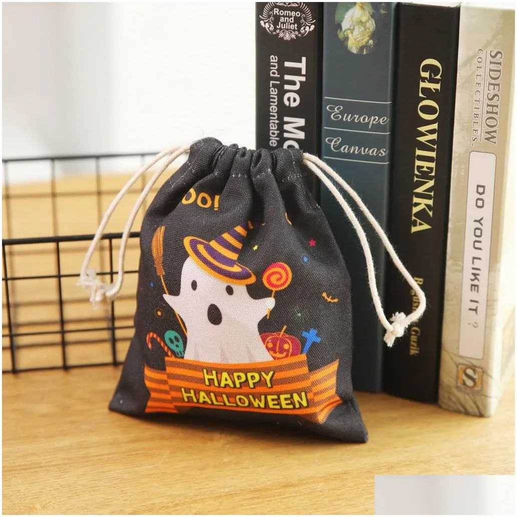 halloween decoration candy bag gift wrap pumpkin witch human skeleton ghost canvas cartoon bags drawstring pocket children trick or treat party supplies