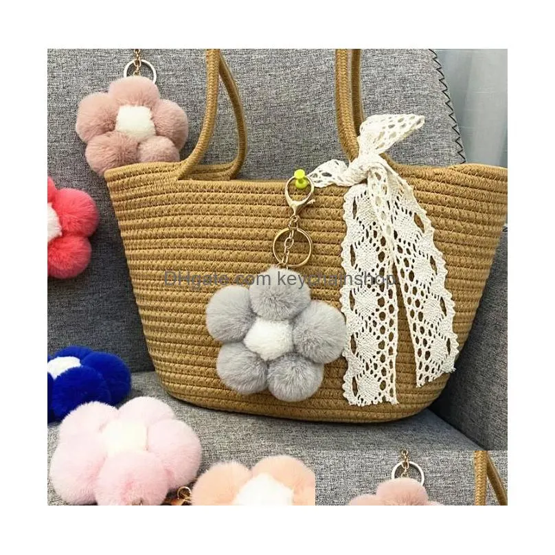 15 colors creative plush flower keychains cute solid color pompom flower bag pendant keychain for women car key ring accessories gifts