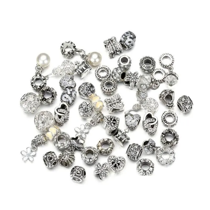 50pcs/lot crystal glass charms alloy large hole beaded fit for bracelets necklaces diy jewelry 10 colors