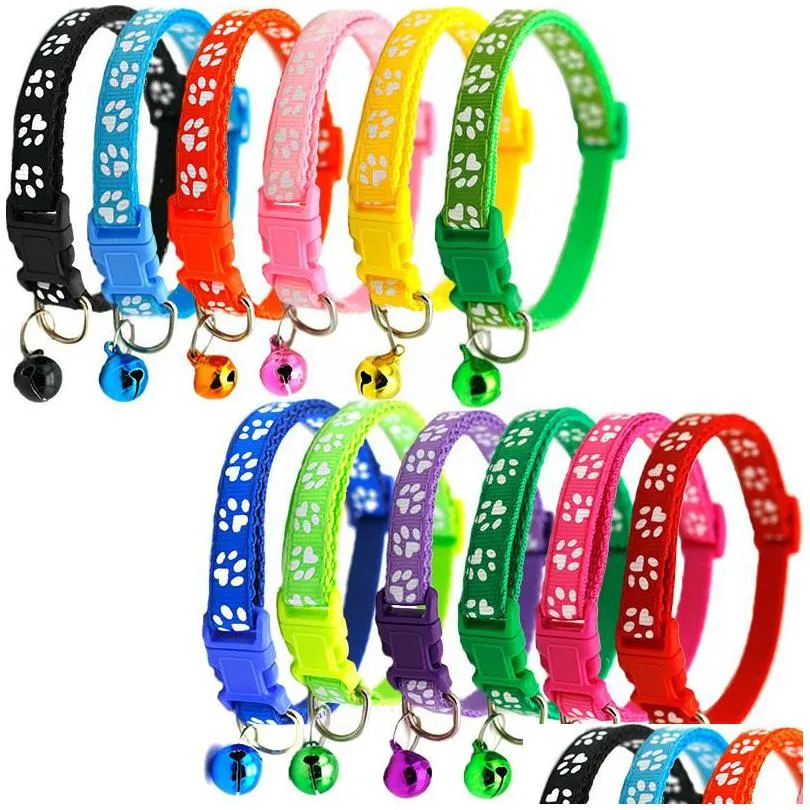 footprint cat puppy dog collars with bell basic reflective pet id buckle adjustable polyester seatbelts soft nylon accessorise