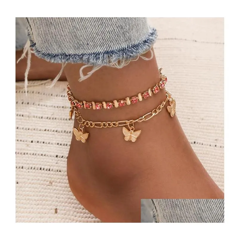 2pcs/set rhinestone crystal anklet bracelets for women sandals gold butterfly anklets boho beach foot iced out chains anklets