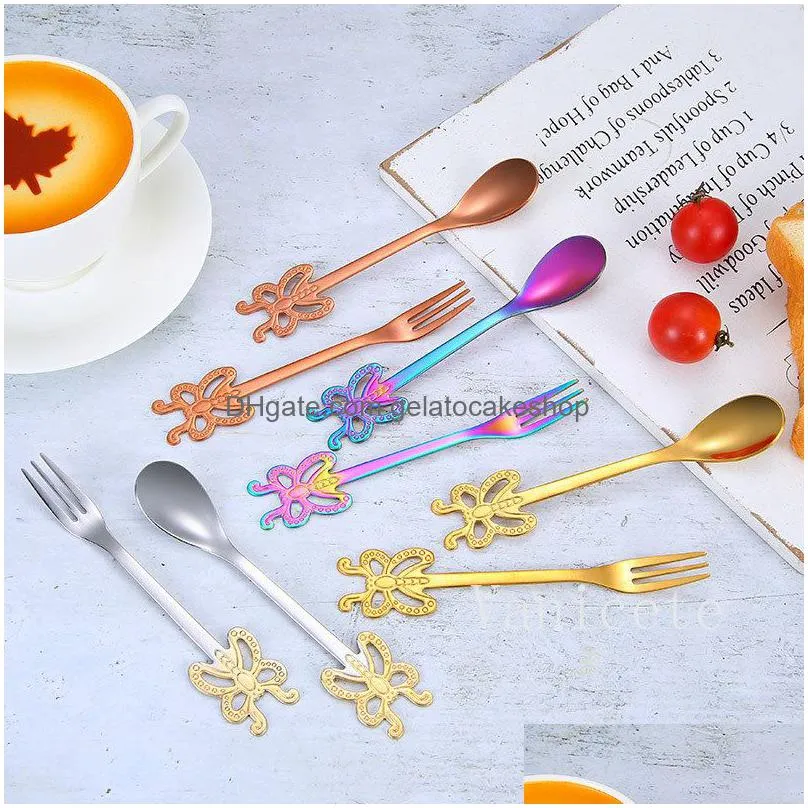 creative 304 stainless steel butterfly handle spoons coffee tirring spoon hanging cups forks creatives cartoon fruit fork t9i002294