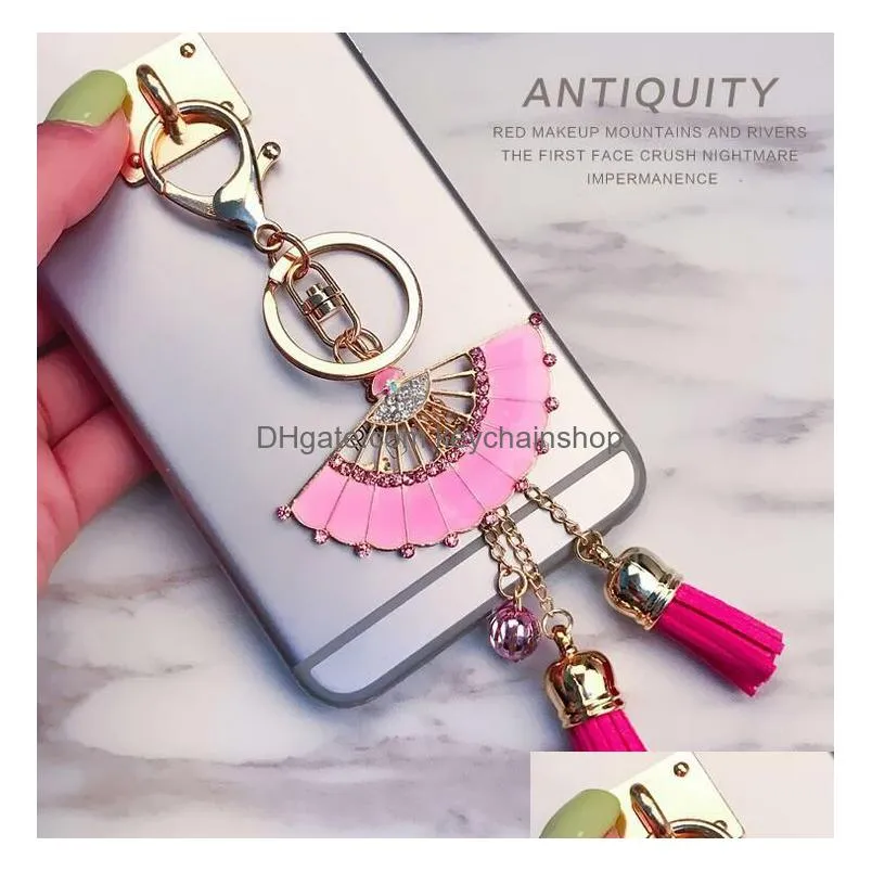 fashion crystal diamond phone tassel keychains pink and blue fan tassel pendant total length about 16cm
