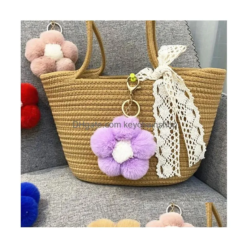 15 colors creative plush flower keychains cute solid color pompom flower bag pendant keychain for women car key ring accessories gifts