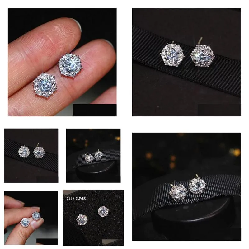 real 925 sterling silver round stud cut white topaz cz diamond gemstones party women wedding bridal stud earring