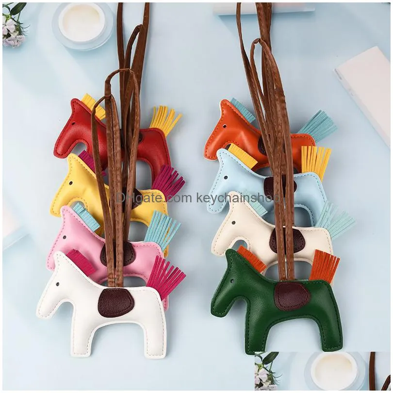 16 colors pu horse keychain cotton pony bracelet car key chain cartoon multi-function key ring phone bag pendant