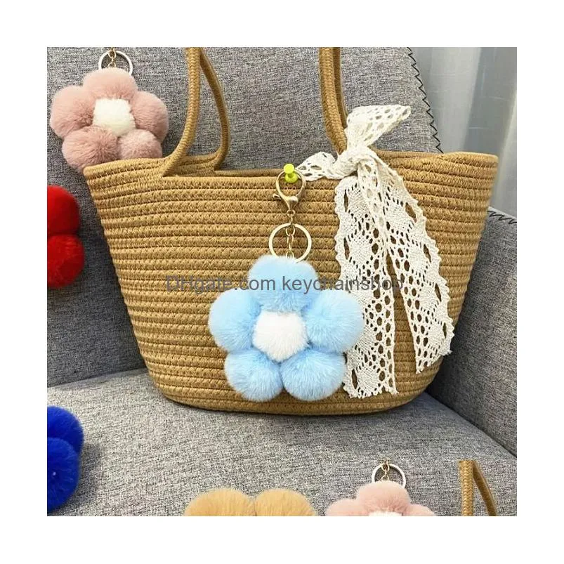 15 colors creative plush flower keychains cute solid color pompom flower bag pendant keychain for women car key ring accessories gifts