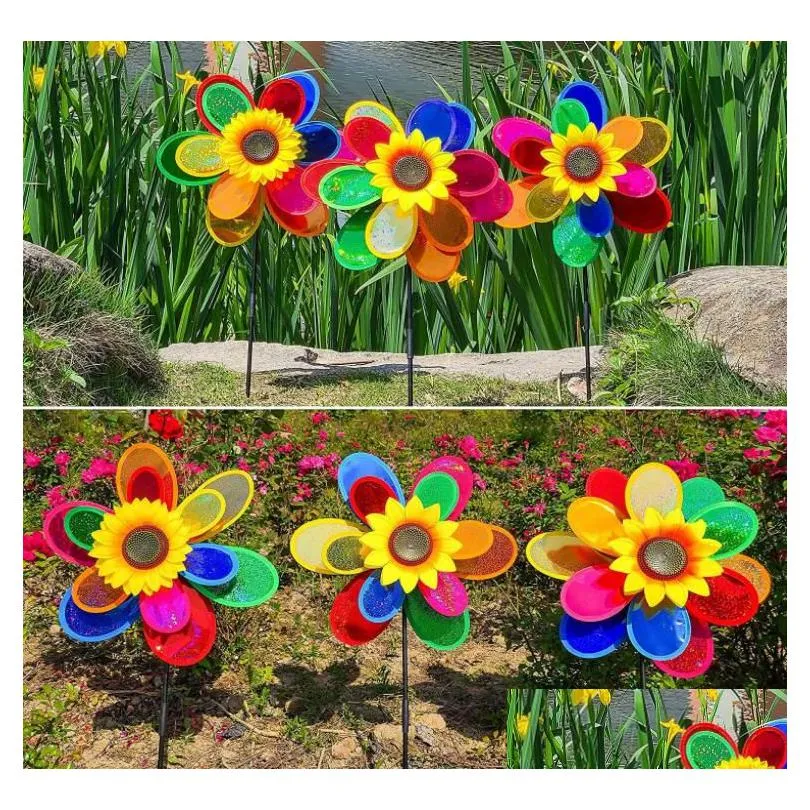 garden decorations rainbow pinwheels sunflower whirligig wind spinner large windmill toys for yard lawn art decor baby kids toy