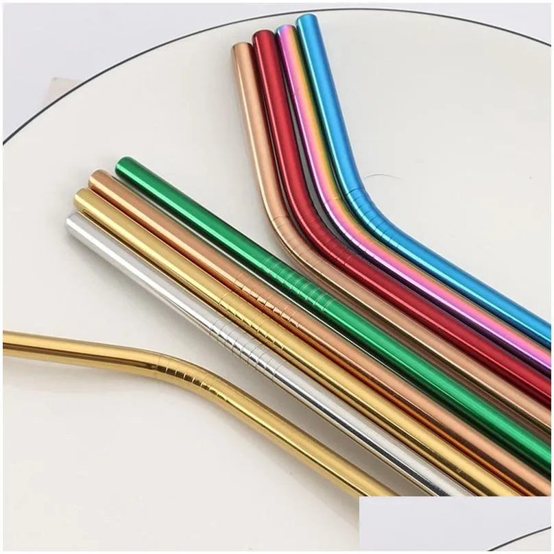 5pcs metal reusable stainless steel straws set sturdy straight bent colorful drinking straw cleaning brush smoothies juice bar party accessory