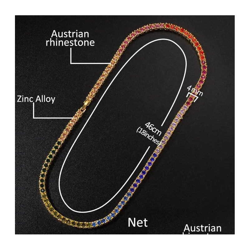 4mm colorful crystal 1 row tennis chains for mens bling iced out diamond hip hop gold silver choker necklace for women