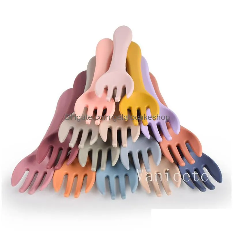 food grade kids feeding tableware baby eating forks silicone spoons childrens silicone auxiliary foods spoon and fork set t9i002055