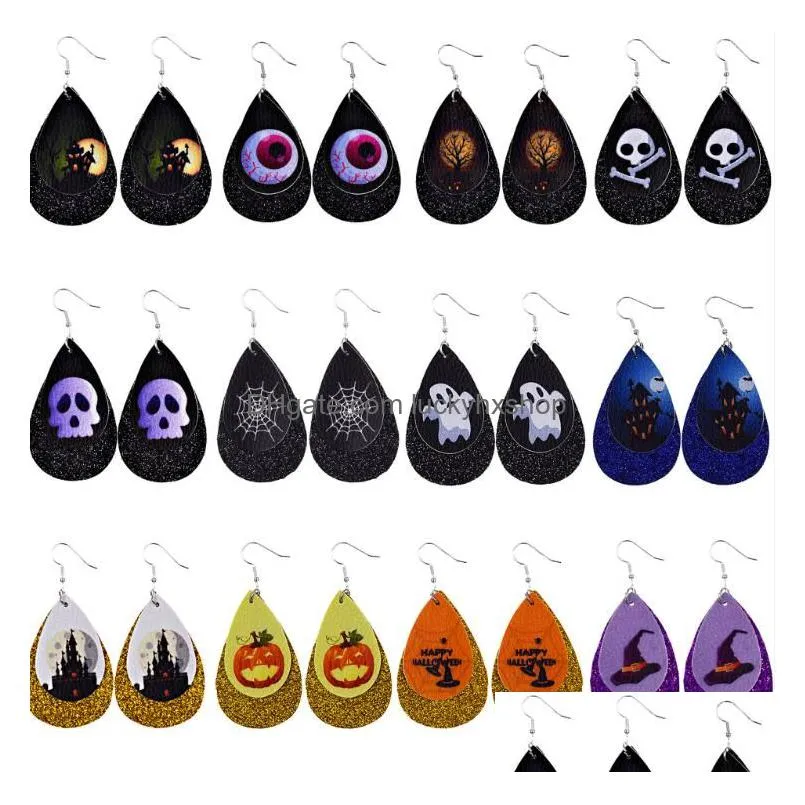 new halloween pu leather earrings double sided print ghost earring teardrop dangle earrings boho jewelry