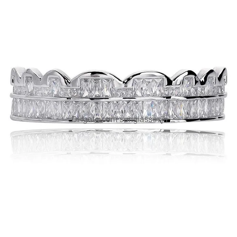  discount baguette set teeth grillz top bottom silver color grills dental mouth hip hop fashion jewelry rapper jewelry