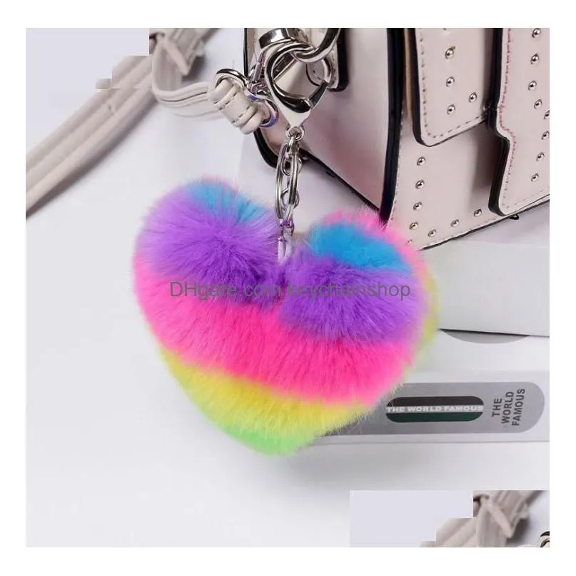 fast shipping fashion splicing heart ball pom pom keychain fluffy faux rabbit fur pompom keychain women bag charms trinket christmas