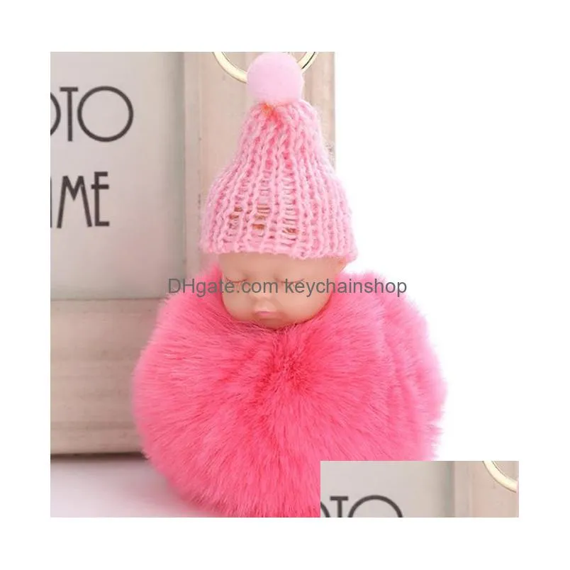 sweet fluffy pompom sleeping baby key chain faux rabbit fur pom pon knitted hat baby doll keychain car keyring toy trendy gifts