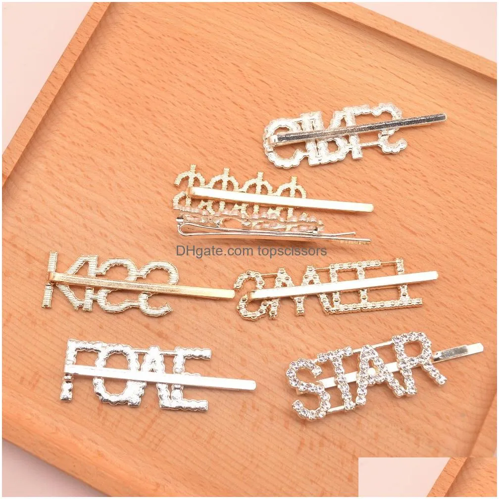 fashion hairpin 15 styles silver gold letter word rhinestone crystal hair pin hairgrip hairclips hair clip grip barrette hair