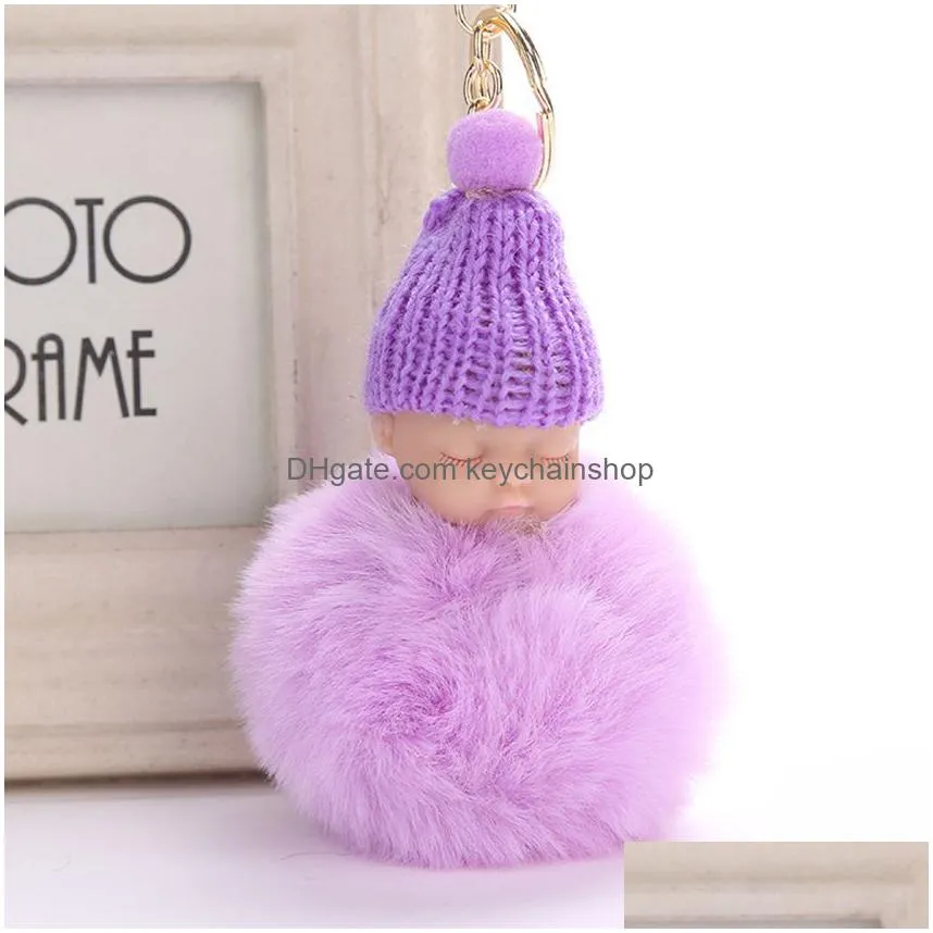 sweet fluffy pompom sleeping baby key chain faux rabbit fur pom pon knitted hat baby doll keychain car keyring toy trendy gifts