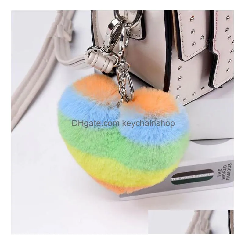 fast shipping fashion splicing heart ball pom pom keychain fluffy faux rabbit fur pompom keychain women bag charms trinket christmas