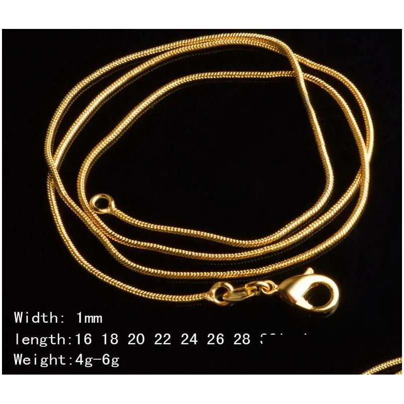 1mm 18k gold plated snake chains 16-30 inch golden smooth lobster clasp necklace for women