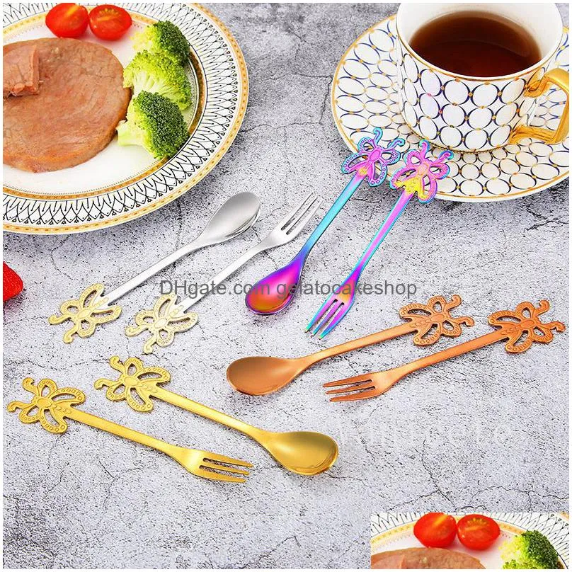creative 304 stainless steel butterfly handle spoons coffee tirring spoon hanging cups forks creatives cartoon fruit fork t9i002294