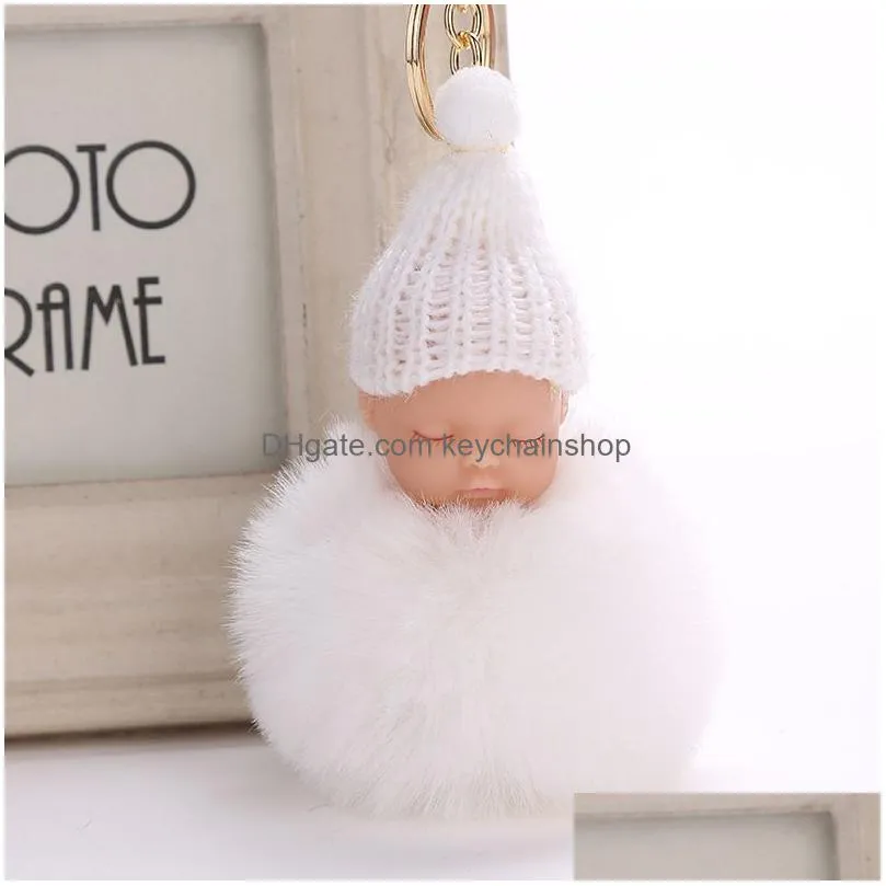 sweet fluffy pompom sleeping baby key chain faux rabbit fur pom pon knitted hat baby doll keychain car keyring toy trendy gifts