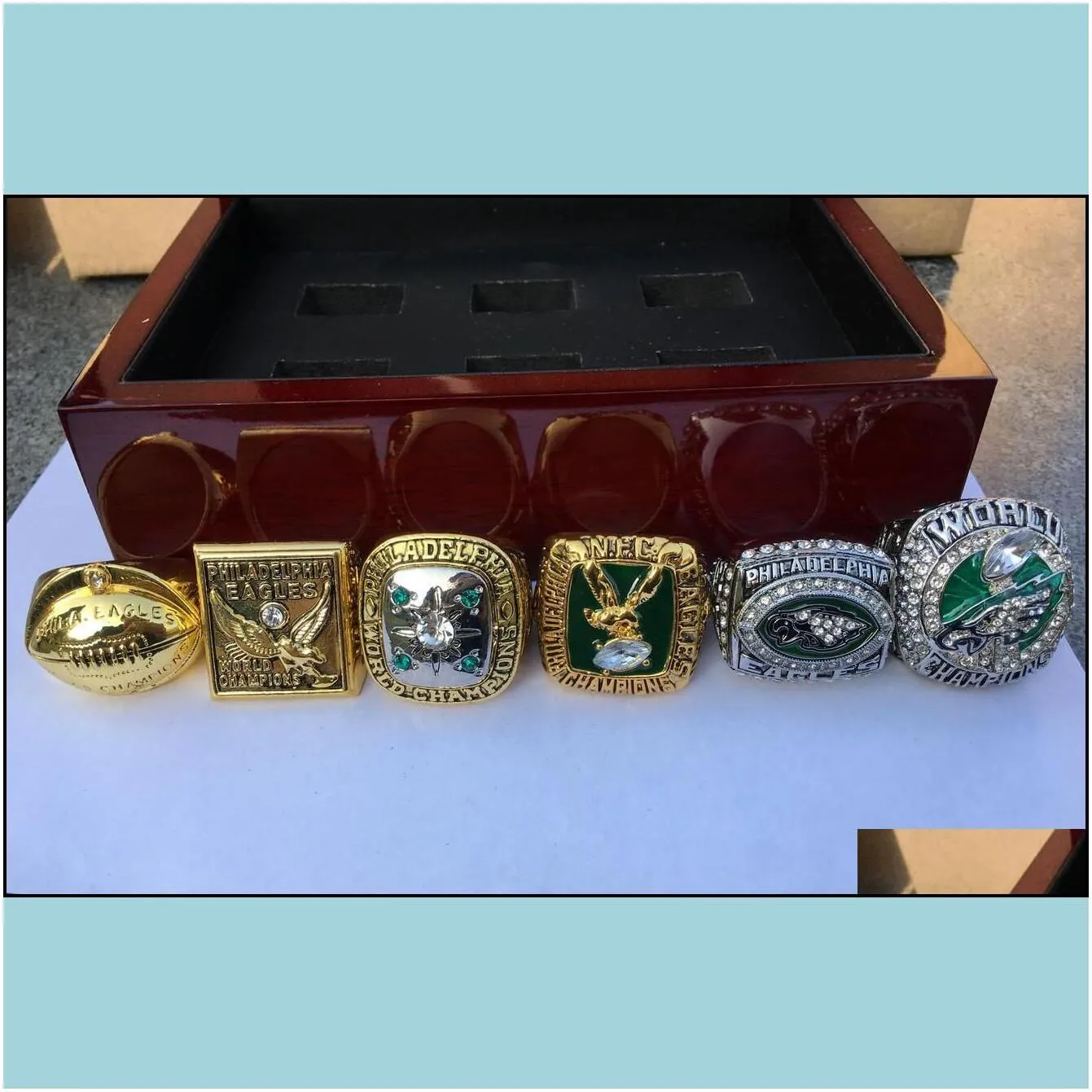 cluster rings philadelphia 6pcs  american football team champions championship ring set with wooden box souvenir men fan gift d