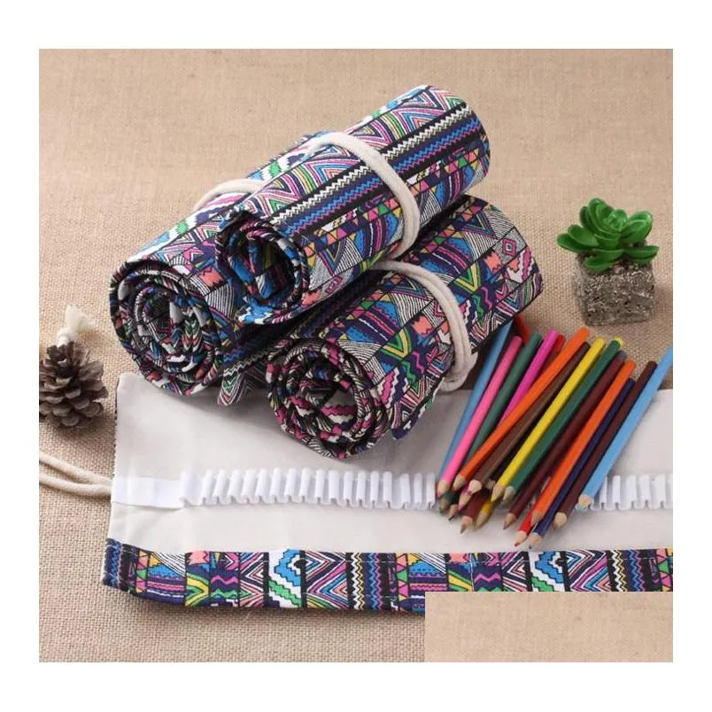 canvas roll-up pouch for makeup pens and art supplies - retro style with multiple compartments perfect for artists and students.