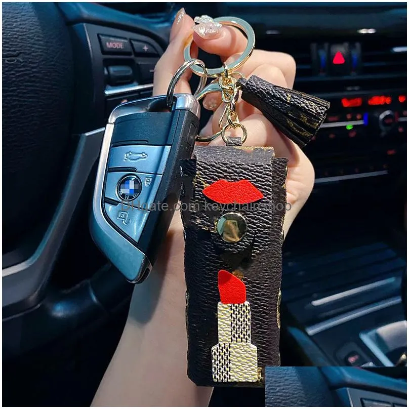 fashion brand keychain leather lipstick bag key chain ladies exquisite car key accessories creative handbag pendant gift for women