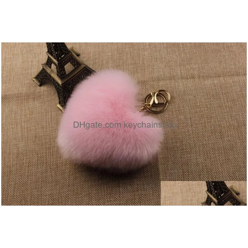 faux rex rabbit fur pom pom heart shape key chain woman bag charms man trinket car keychain