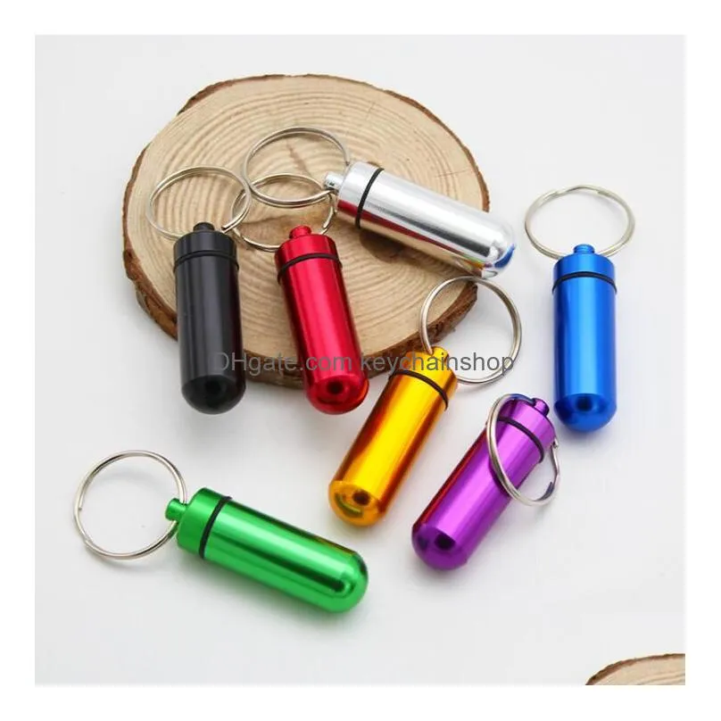 7 colors metal container keychain aluminum pill box holder portable multifunction first aid pills key chain bottles keyring seal kit