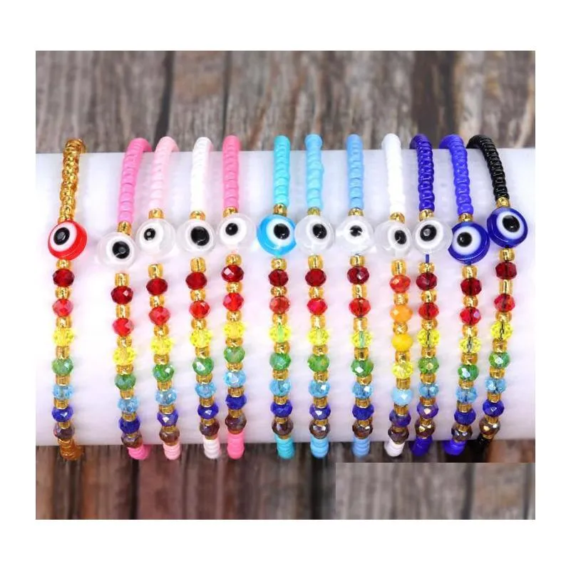 turkish eye beaded strands bracelets blue evil eyes lucky couple bracelet for women colorful crystal bead rope chain woven bracelet jewelry