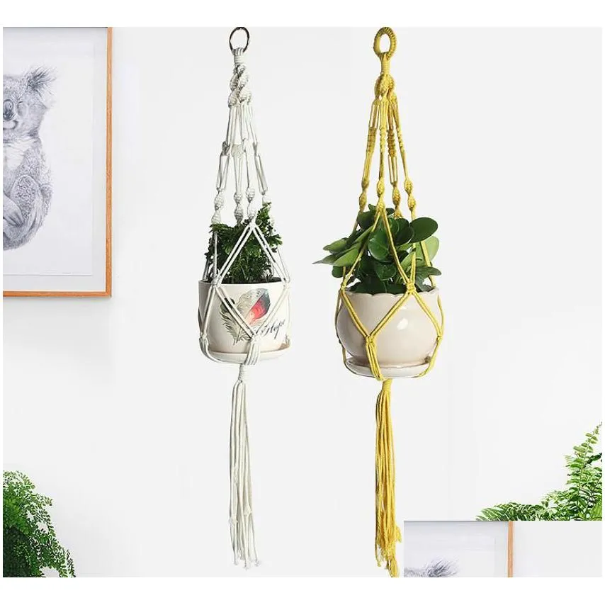 knot bloom macrame plant hanger - indoor/outdoor flower pot holder wall art decor w/ metal ring - vintage style nylon rope in 4