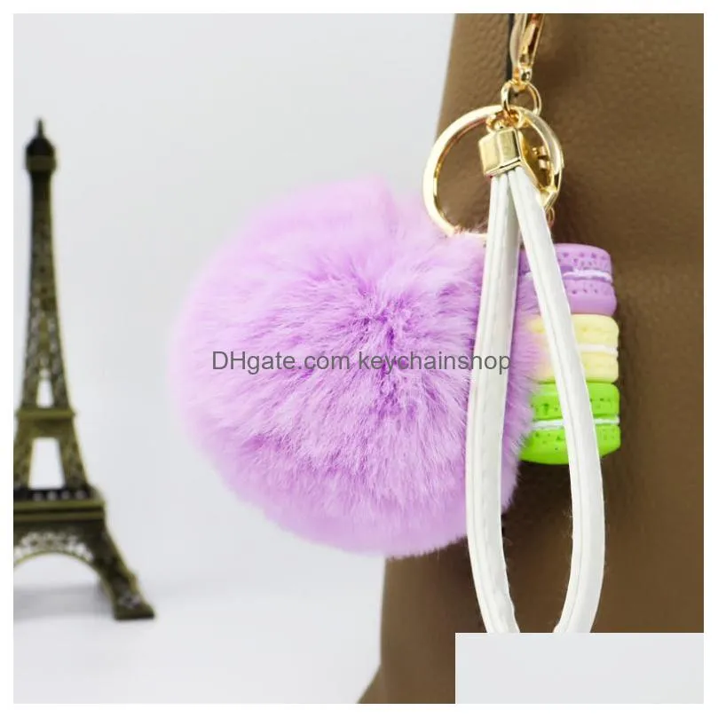 27 styles macaron/ice cream rabbit fur ball keychain pompom key chain car keyring women key holder bag pendant
