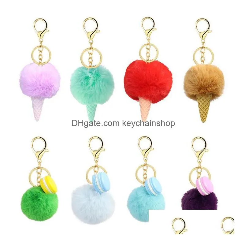 27 styles macaron/ice cream rabbit fur ball keychain pompom key chain car keyring women key holder bag pendant