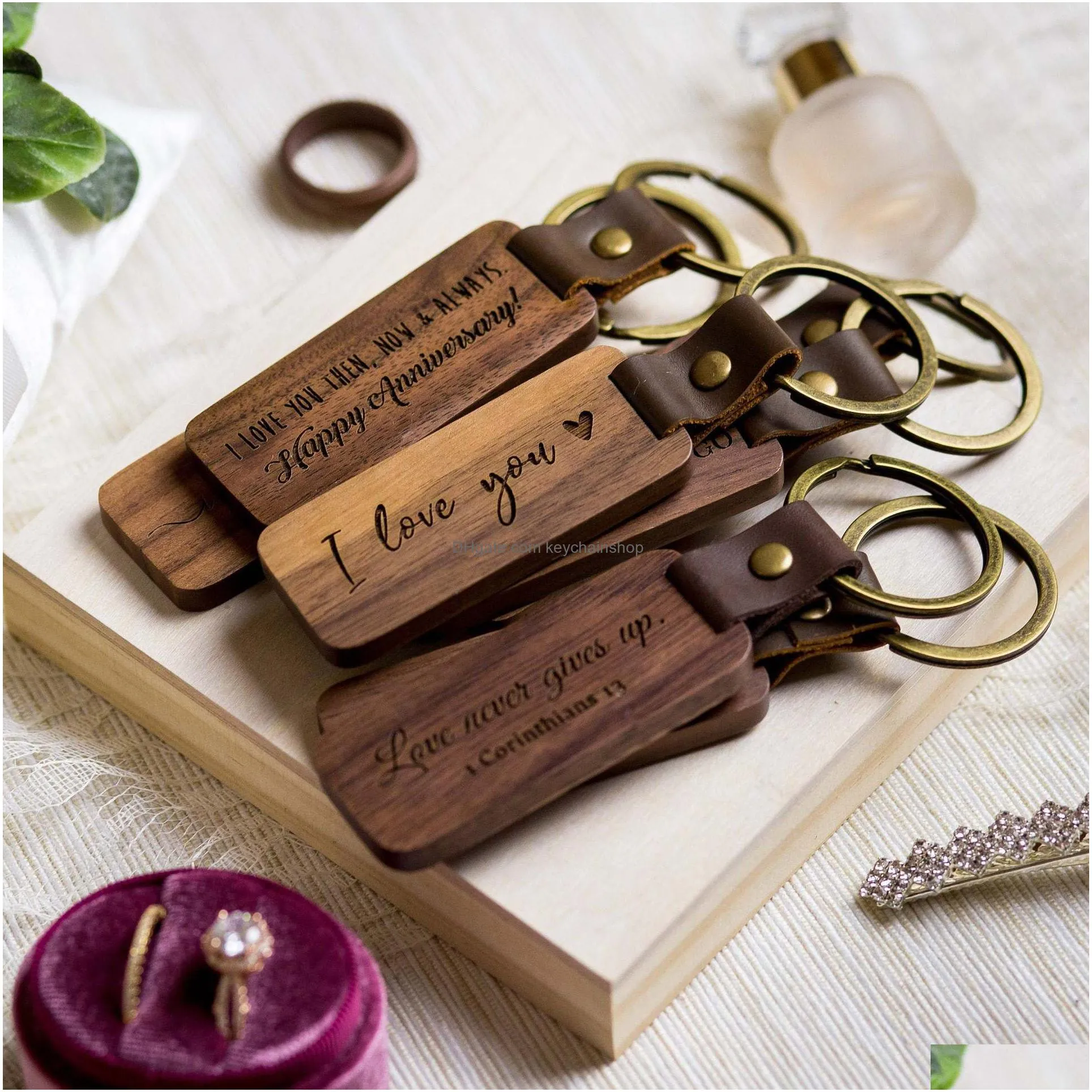 diy wood keyring for men women wooden keychain key ring square round wood chips pu leather keychains