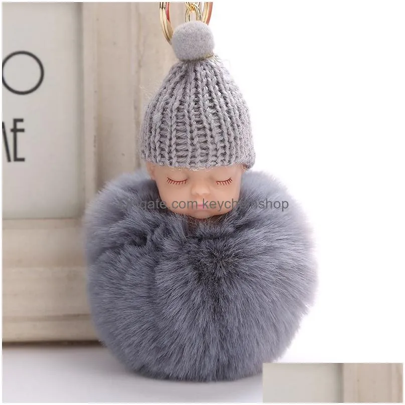 sweet fluffy pompom sleeping baby key chain faux rabbit fur pom pon knitted hat baby doll keychain car keyring toy trendy gifts