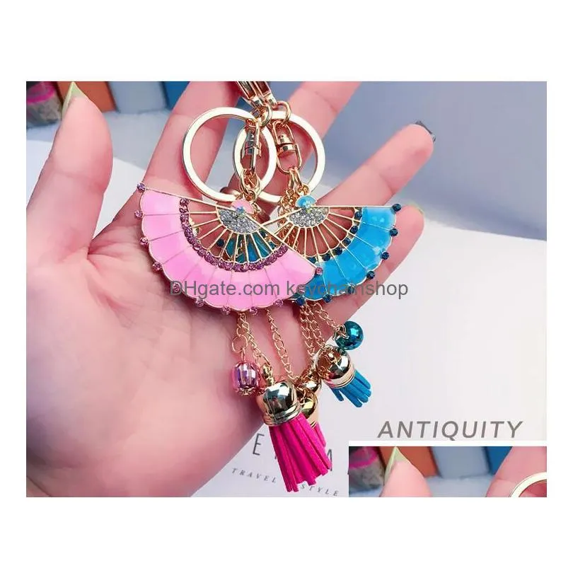 fashion crystal diamond phone tassel keychains pink and blue fan tassel pendant total length about 16cm
