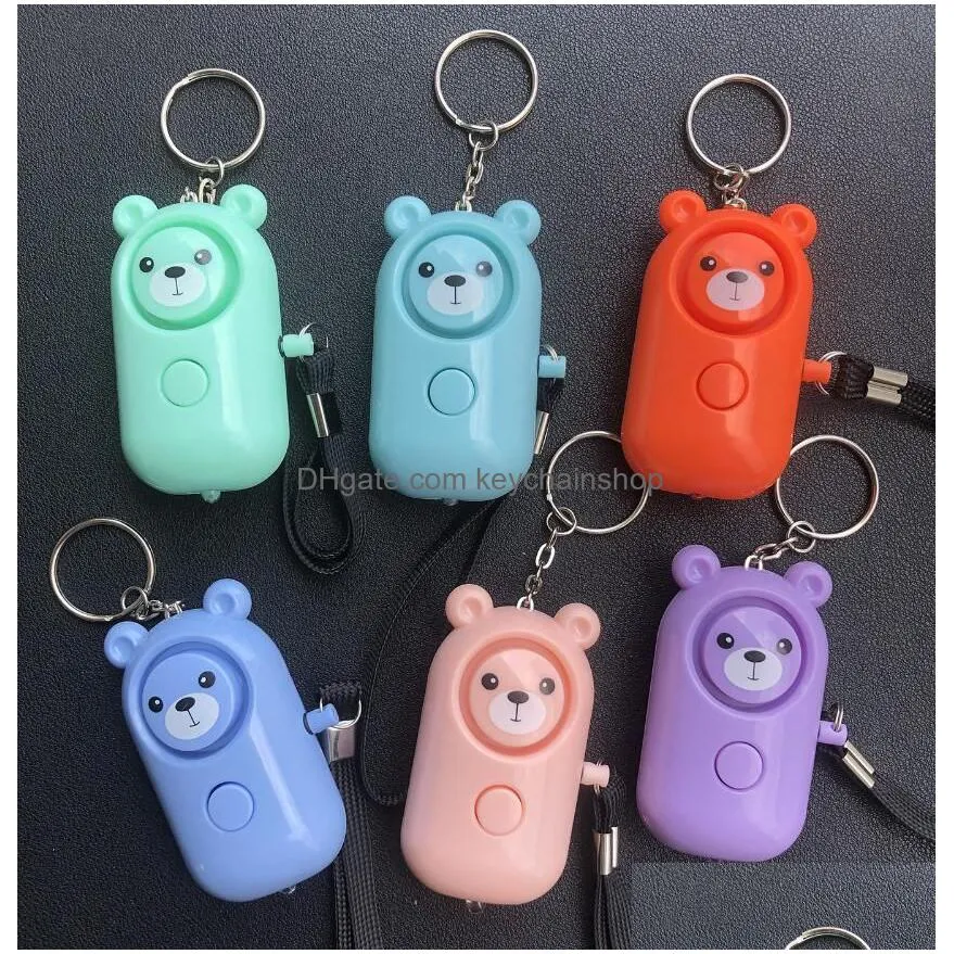 130db abs bear alarm keychains personal led flashlight self defense keyrings safety security alert device key chain for women men kids