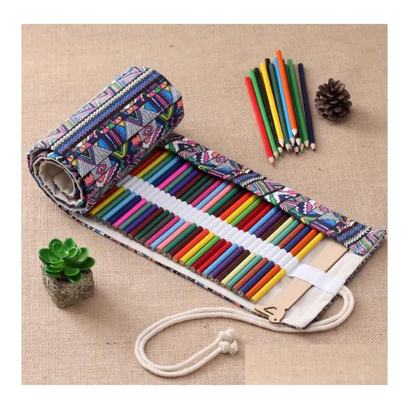 canvas roll-up pouch for makeup pens and art supplies - retro style with multiple compartments perfect for artists and students.