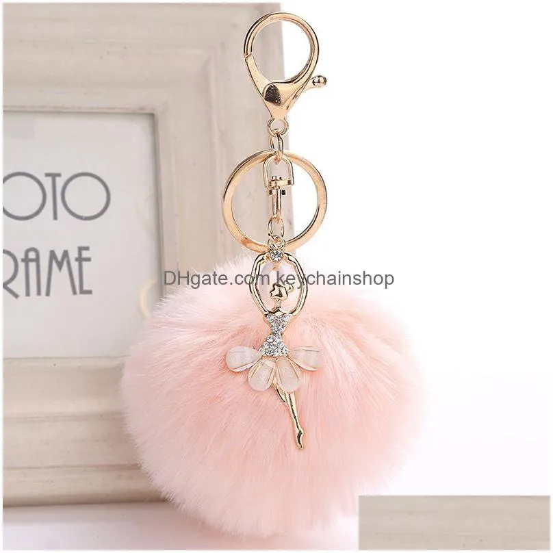 delicate rex rabbit fur ball pompom keychains dance ballet girl keyring handbag key ring for women mix colors