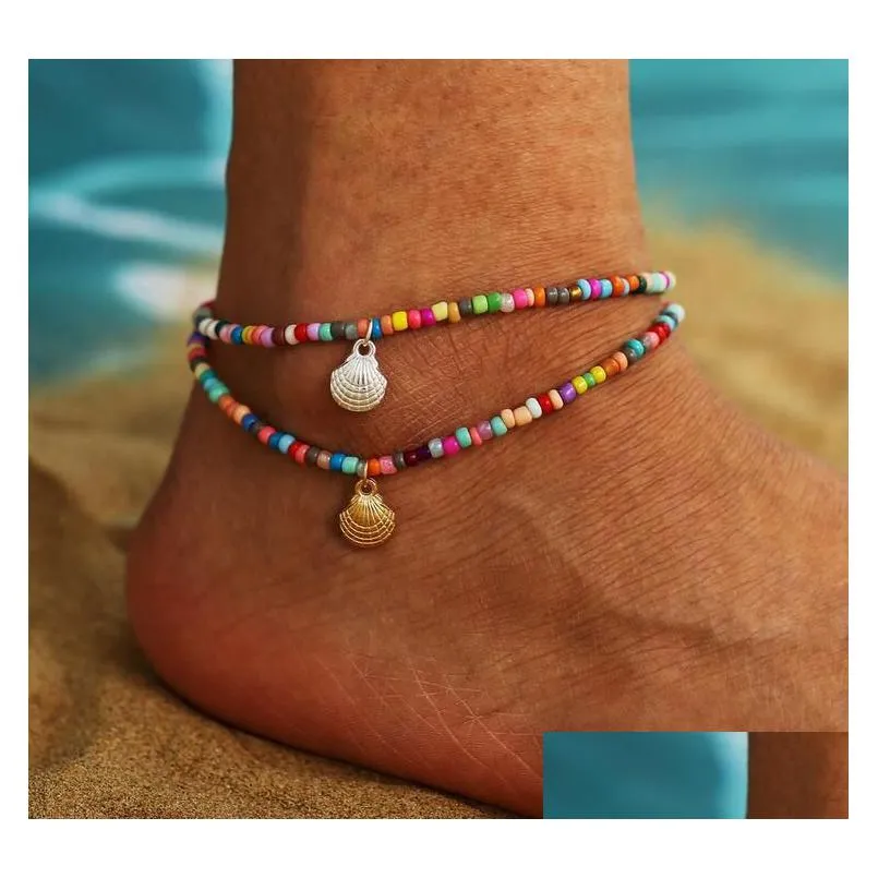 boho beaded anklet bracelet gold shell anklets chain colorful beaded foot jewelry for women and girls