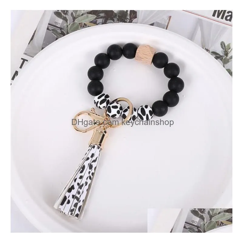 12 colors silicone beads tassel bead string bracelet keychain food grade leopard wooden beads bracelets for women girl key ring wrist
