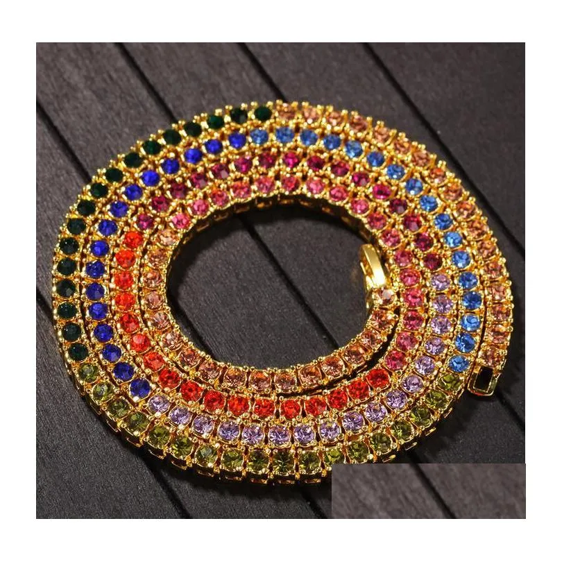 4mm colorful crystal 1 row tennis chains for mens bling iced out diamond hip hop gold silver choker necklace for women