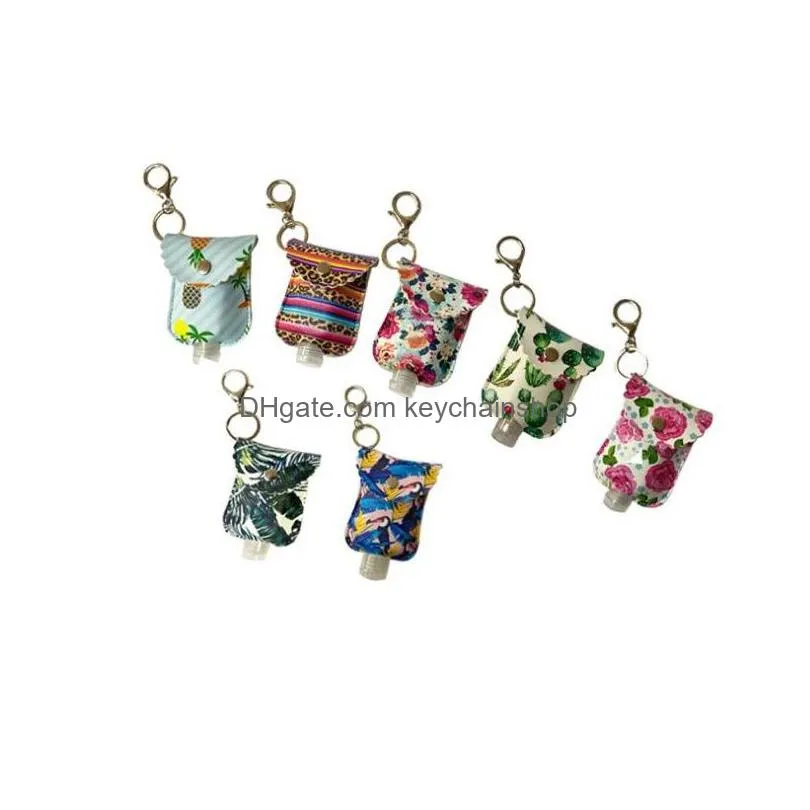 13 styles 30ml pu leather hand sanitizer bottle holder keychain perfume bottles cover sunflower cactus hand sanitizer holder