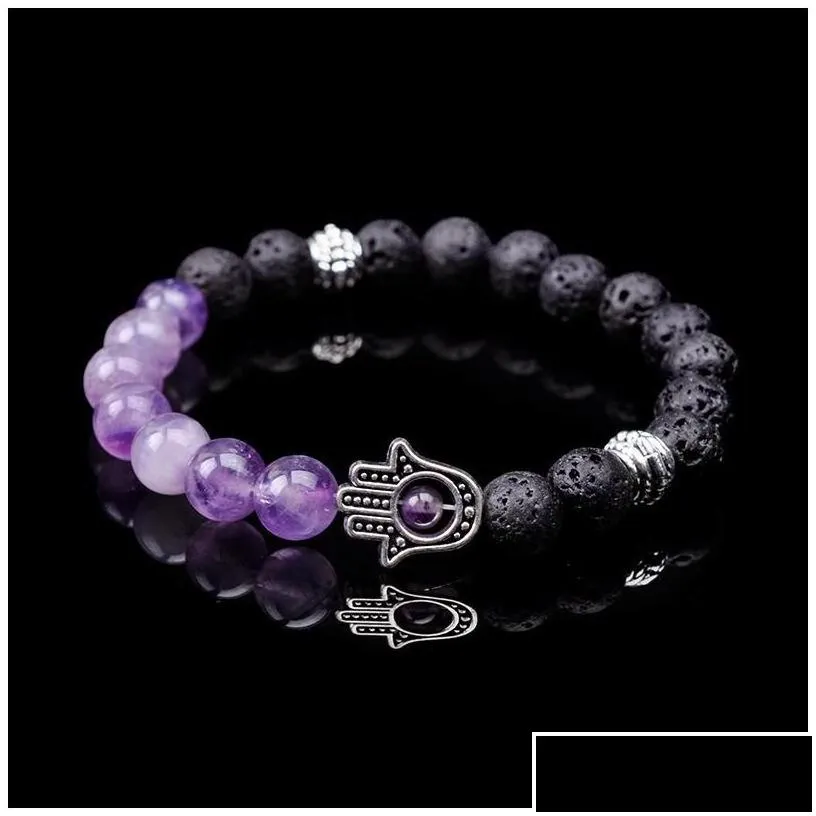 beaded men bead bracelets lava howlite stone stretch hand of fatima hamsa charm bracelet mala evil eye drop delivery jewelry dhrkw