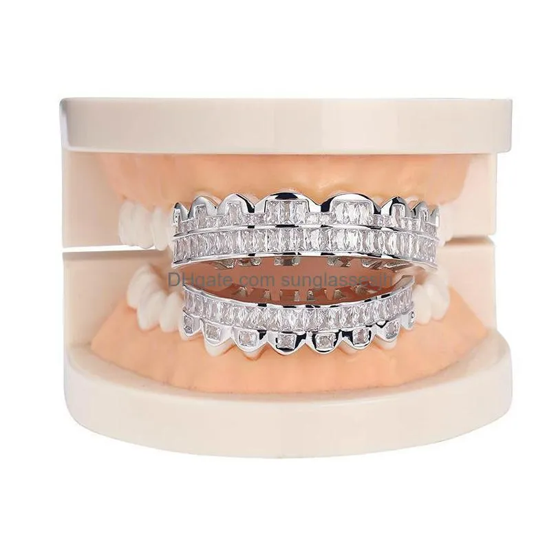  discount baguette set teeth grillz top bottom silver color grills dental mouth hip hop fashion jewelry rapper jewelry